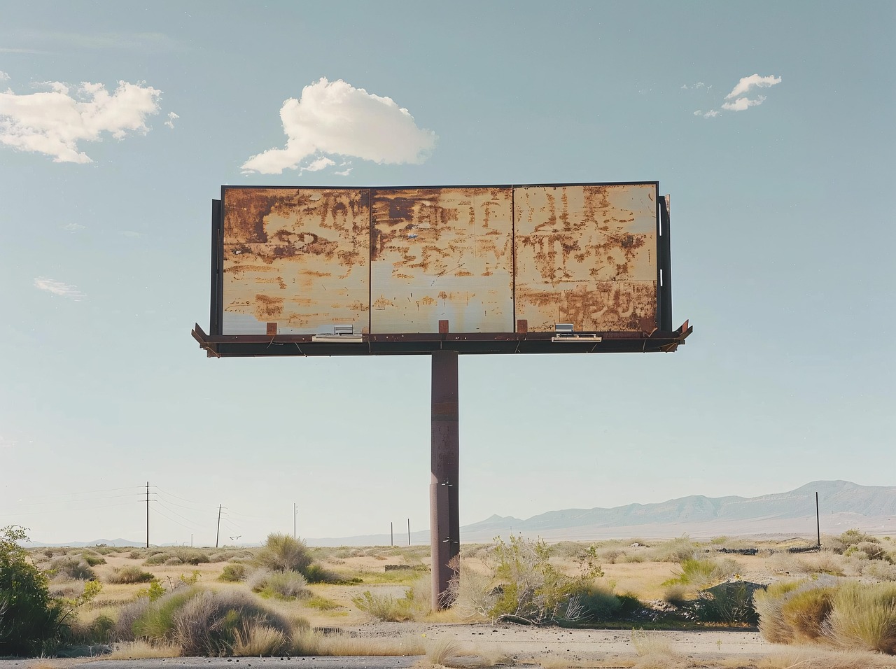 ai generated, billboard, advertisement, sky, isolated, blank, outdoor, communication, marketing, desert, rural, horizon, scenery, vast, sign, road, nature, visibility, message, platform, commercial, space, advertising, display, landscape